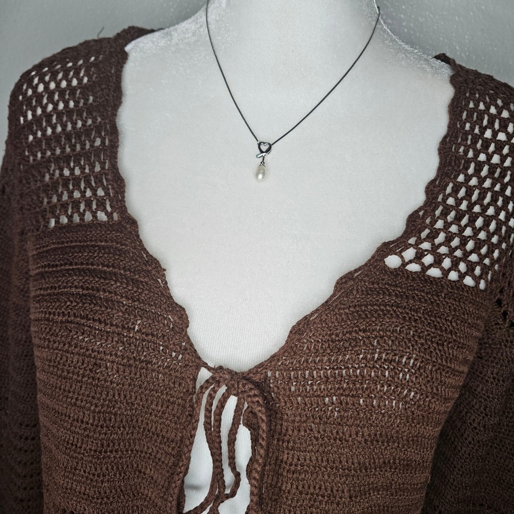 KIKIT Maurice Sasson Brown Crochet Tie Front Cardigan - Picture 3 of 5